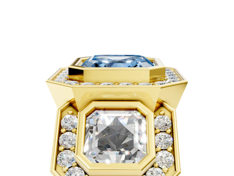 Yellow gold Three-Stone Fancy Blue Asscher Cut Halo Pavé Diamond Ring_5