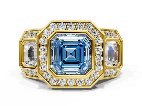 Yellow gold Three-Stone Fancy Blue Asscher Cut Halo Pavé Diamond Ring
