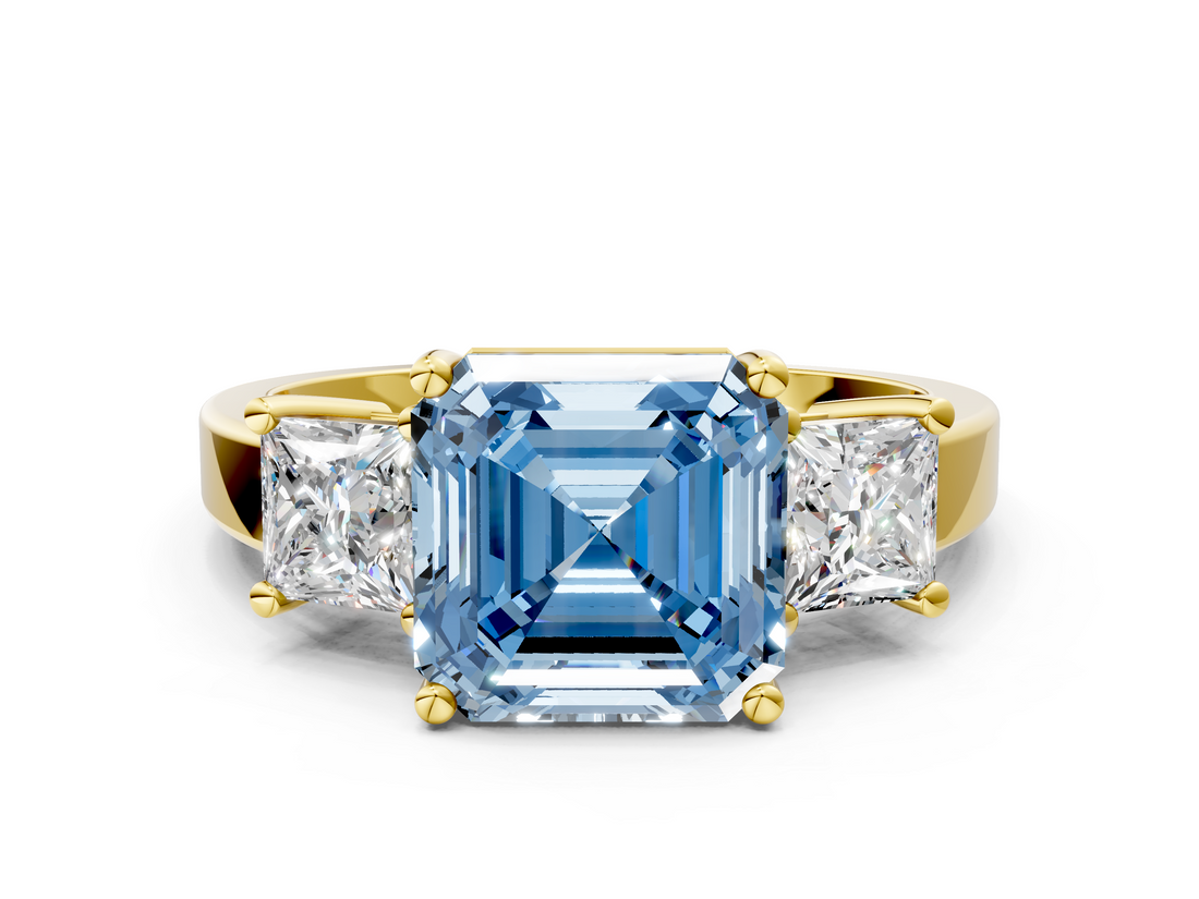 Yellow gold Three-Stone Fancy Blue Asscher  Cut Solitaire Ring with Prong Setting_3
