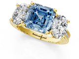 Yellow gold Three-Stone Fancy Blue Asscher  Diamond Milgrain Pave Band with Prong Setting 1