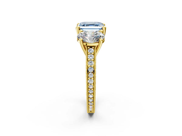 Yellow gold Three-Stone Fancy Blue Asscher  Diamond Milgrain Pave Band with Prong Setting