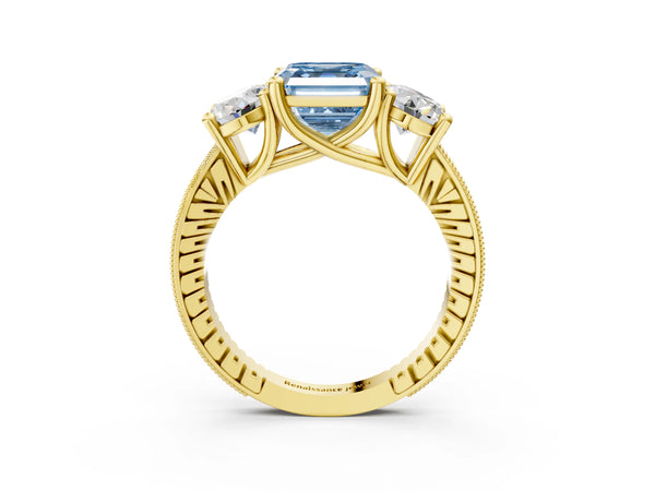 Yellow gold Three-Stone Fancy Blue Asscher  Diamond Milgrain Pave Band with Prong Setting
