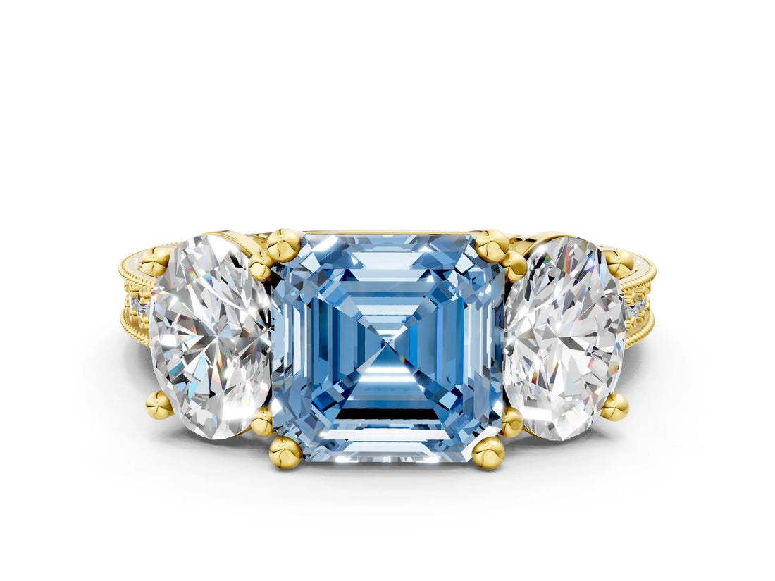 Yellow gold Three-Stone Fancy Blue Asscher  Diamond Milgrain Pave Band with Prong Setting