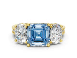 Yellow gold Three-Stone Fancy Blue Asscher  Diamond Milgrain Pave Band with Prong Setting