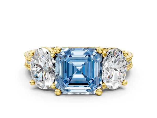 Yellow gold Three-Stone Fancy Blue Asscher  Diamond Milgrain Pave Band with Prong Setting