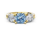 Yellow gold Three-Stone Fancy Blue Cushion  Brilliant Cut Solitaire Ring with Prong Setting on a Classic Band 1