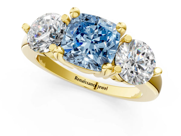 Yellow gold Three-Stone Fancy Blue Cushion  Brilliant Cut Solitaire Ring with Prong Setting on a Classic Band