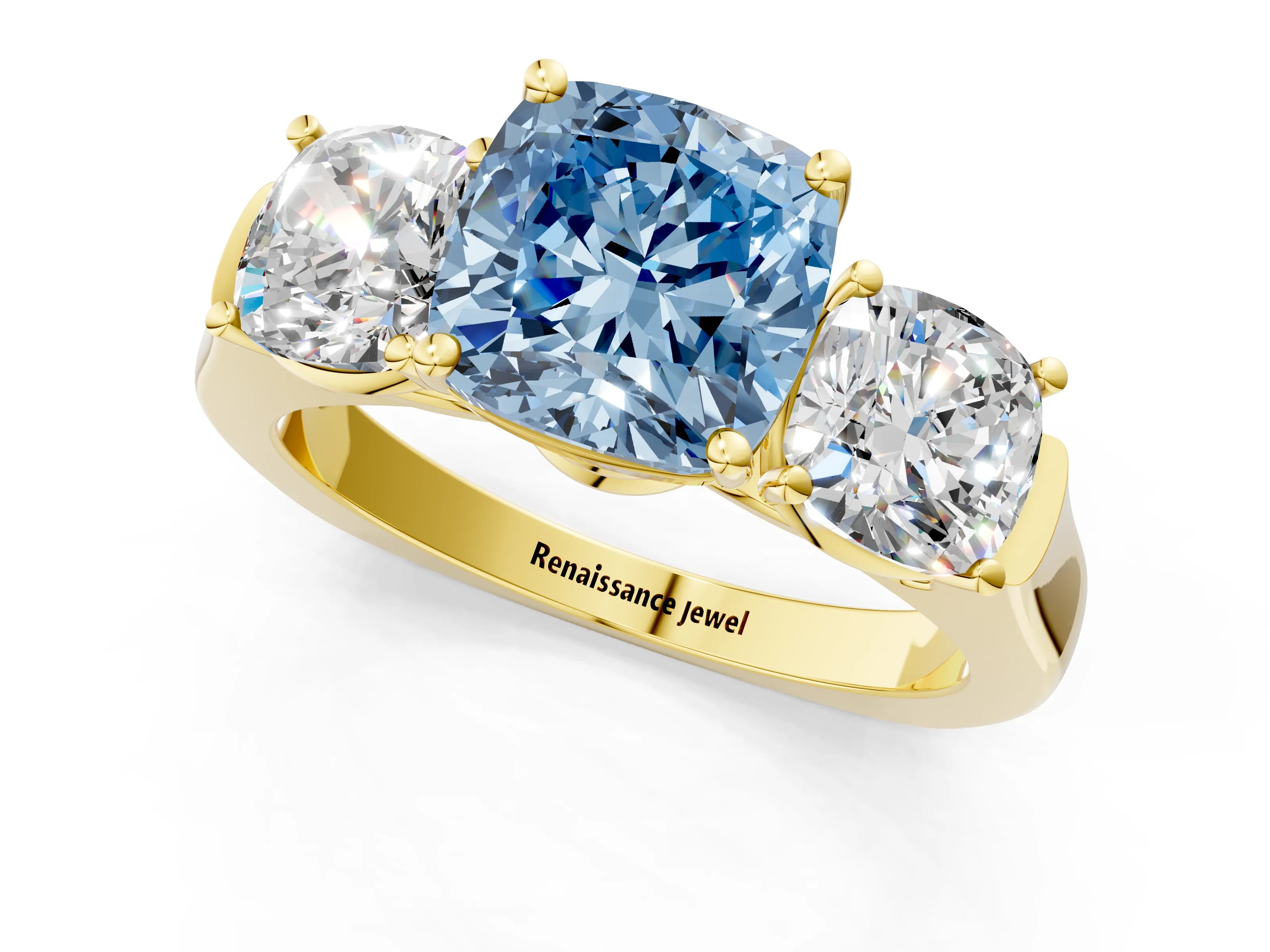 Yellow gold Three-Stone Fancy Blue Cushion Cut Brilliant Diamond Trellis Ring with Comfort Fit Band_1