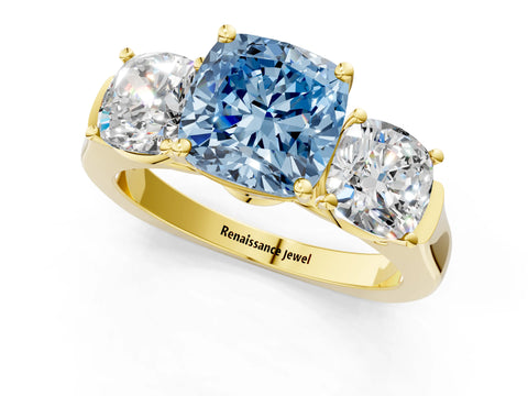 Yellow gold Three-Stone Fancy Blue Cushion Cut Brilliant Diamond Trellis Ring with Comfort Fit Band_1