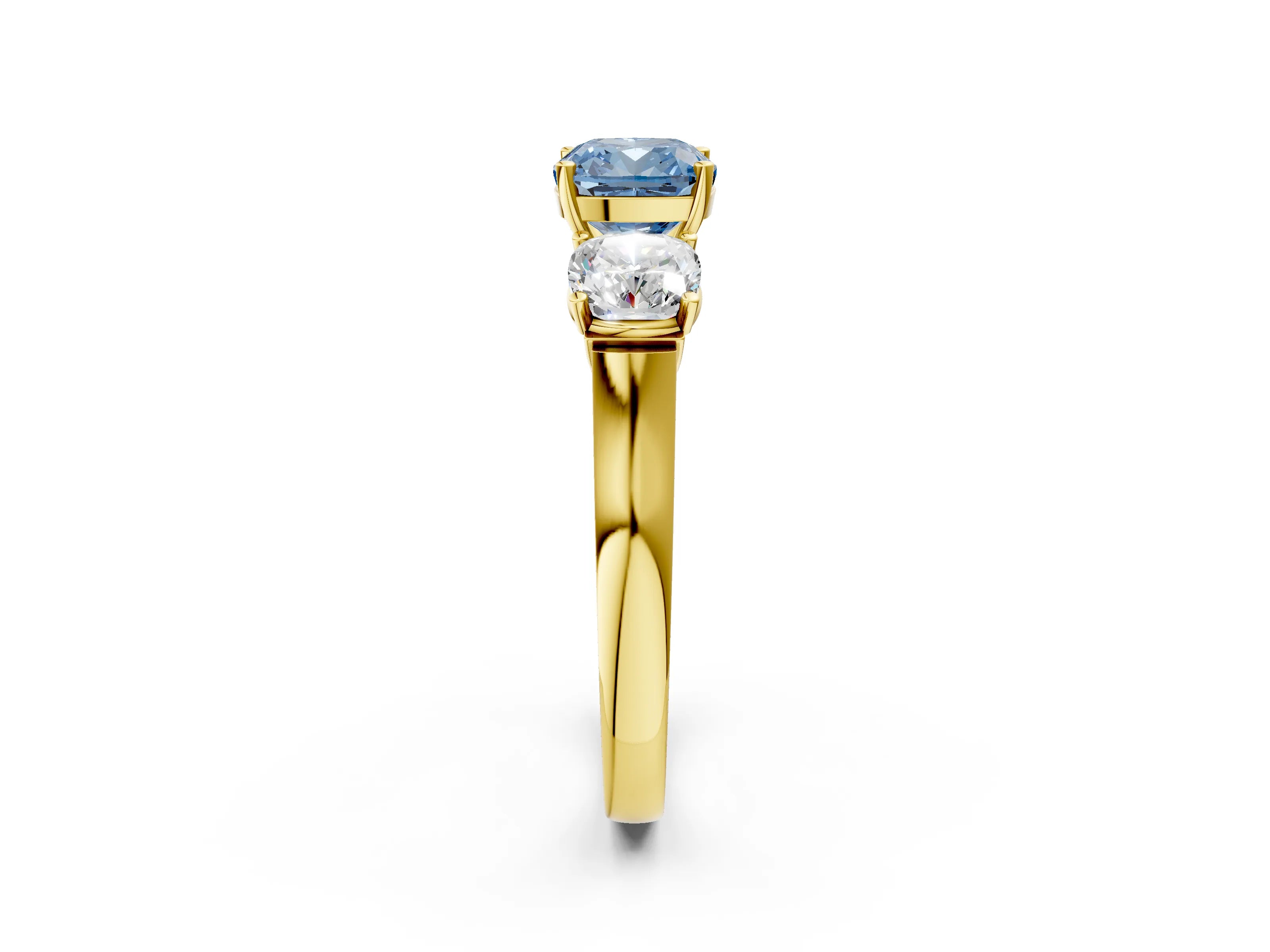 Yellow gold Three-Stone Fancy Blue Cushion Cut Brilliant Diamond Trellis Ring with Comfort Fit Band_2