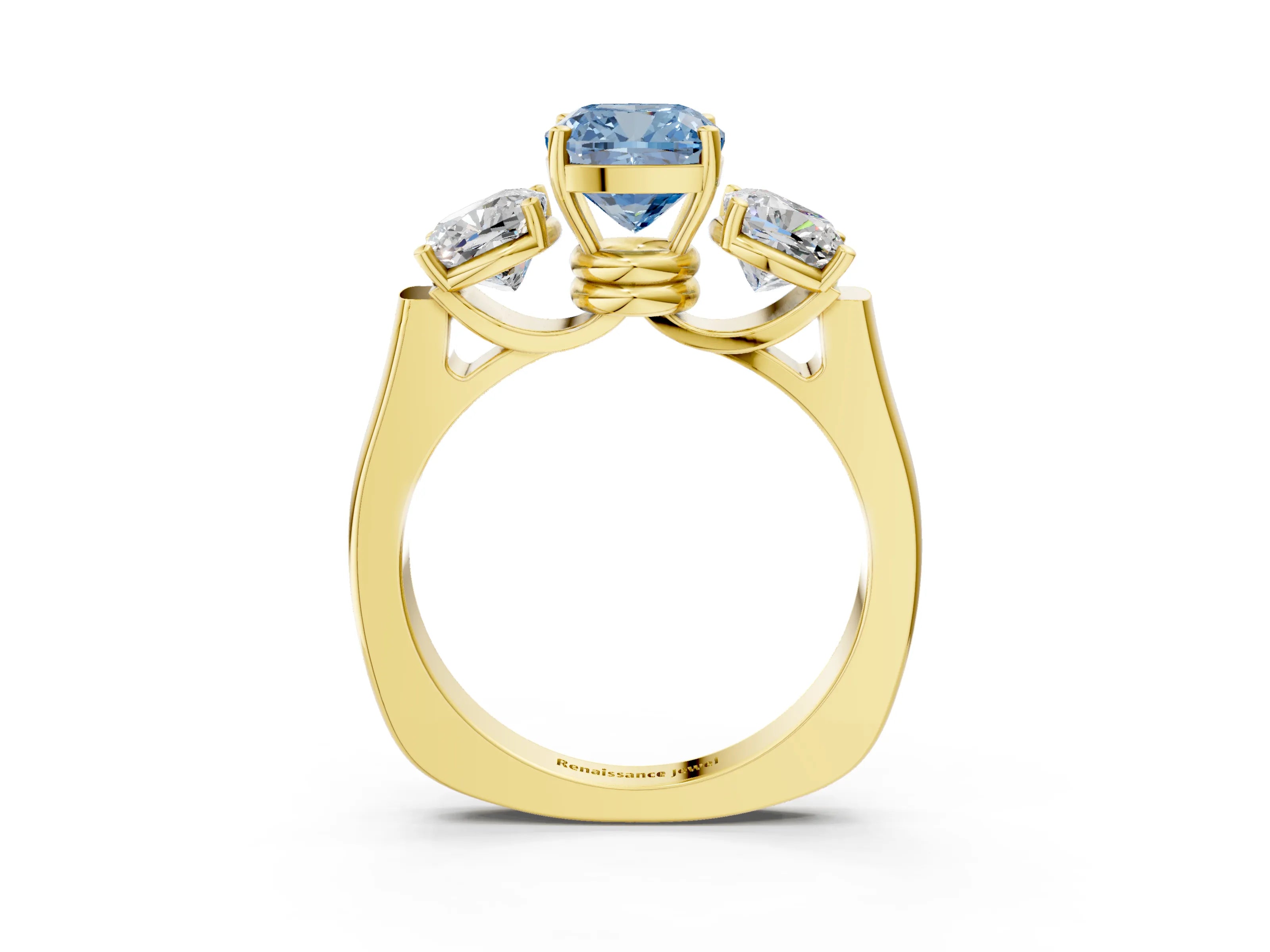 Yellow gold Three-Stone Fancy Blue Cushion Cut Brilliant Diamond Trellis Ring with Comfort Fit Band_3