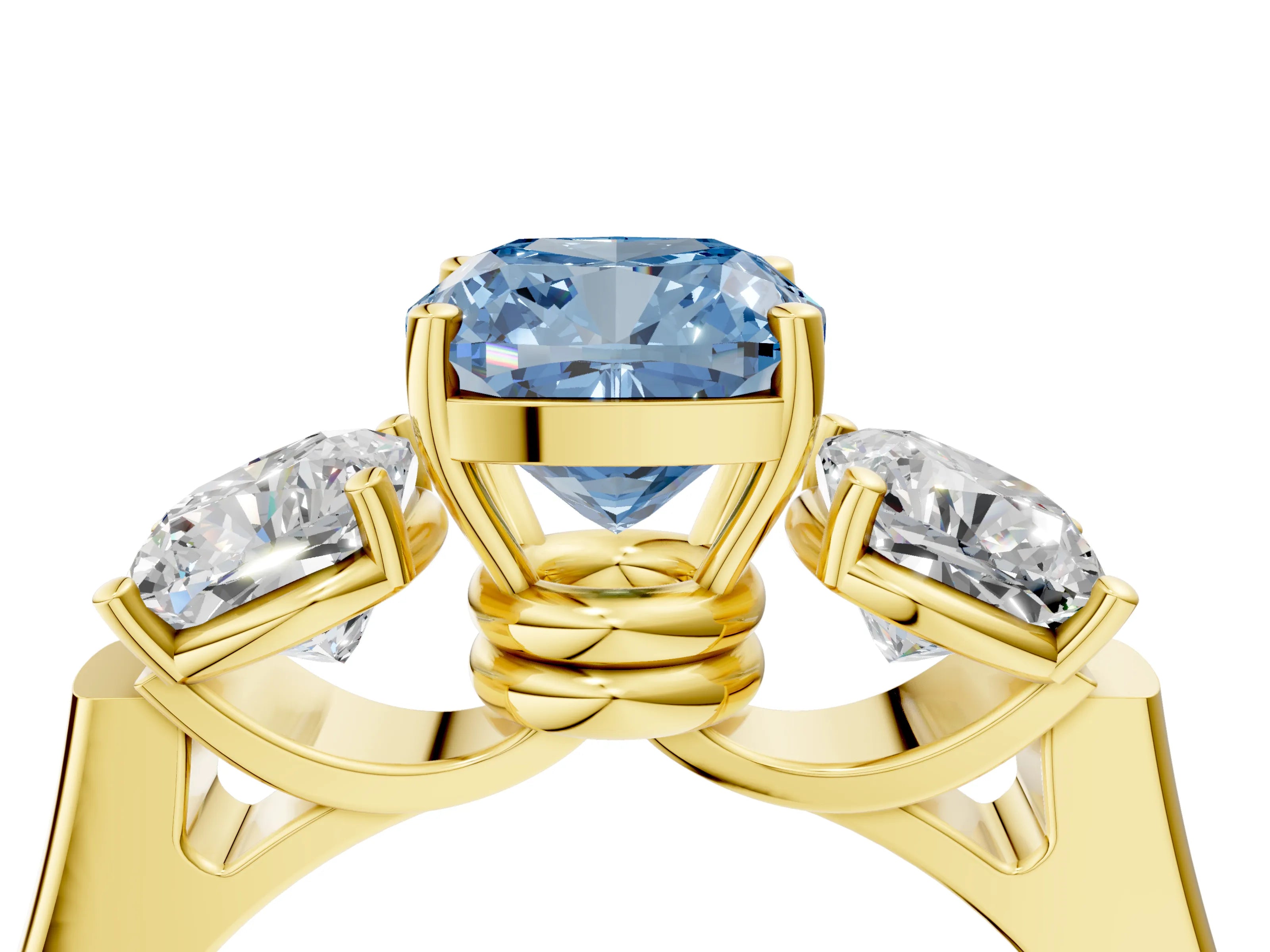 Yellow gold Three-Stone Fancy Blue Cushion Cut Brilliant Diamond Trellis Ring with Comfort Fit Band_4
