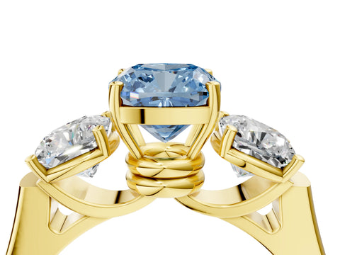 Yellow gold Three-Stone Fancy Blue Cushion Cut Brilliant Diamond Trellis Ring with Comfort Fit Band_4