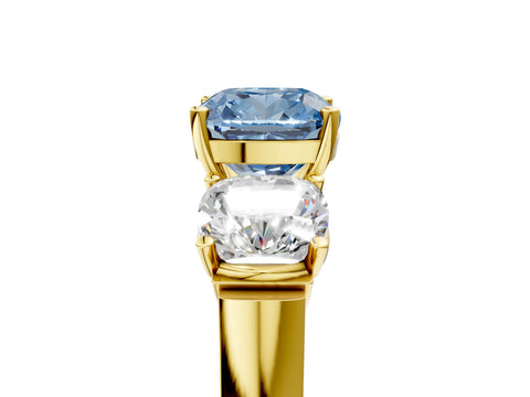 Yellow gold Three-Stone Fancy Blue Cushion Cut Brilliant Diamond Trellis Ring with Comfort Fit Band_5