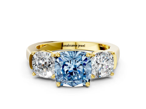Yellow gold Three-Stone Fancy Blue Cushion Cut Brilliant Diamond Trellis Ring with Comfort Fit Band