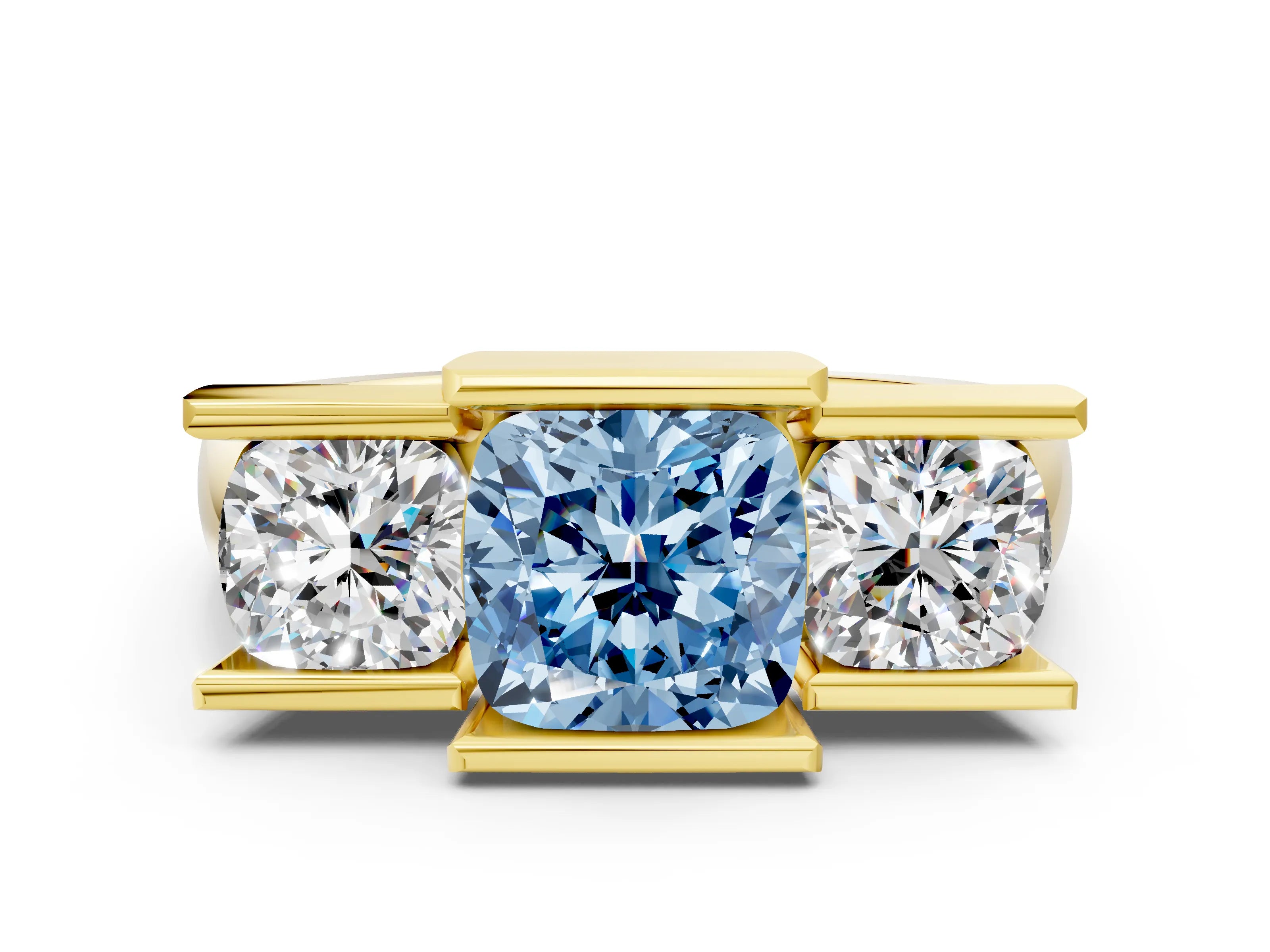 Yellow gold Three Stone Fancy Blue Cushion Cut Cut Channel Set Diamond Ring