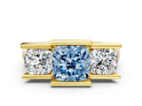 Yellow gold Three Stone Fancy Blue Cushion Cut Cut Channel Set Diamond Ring