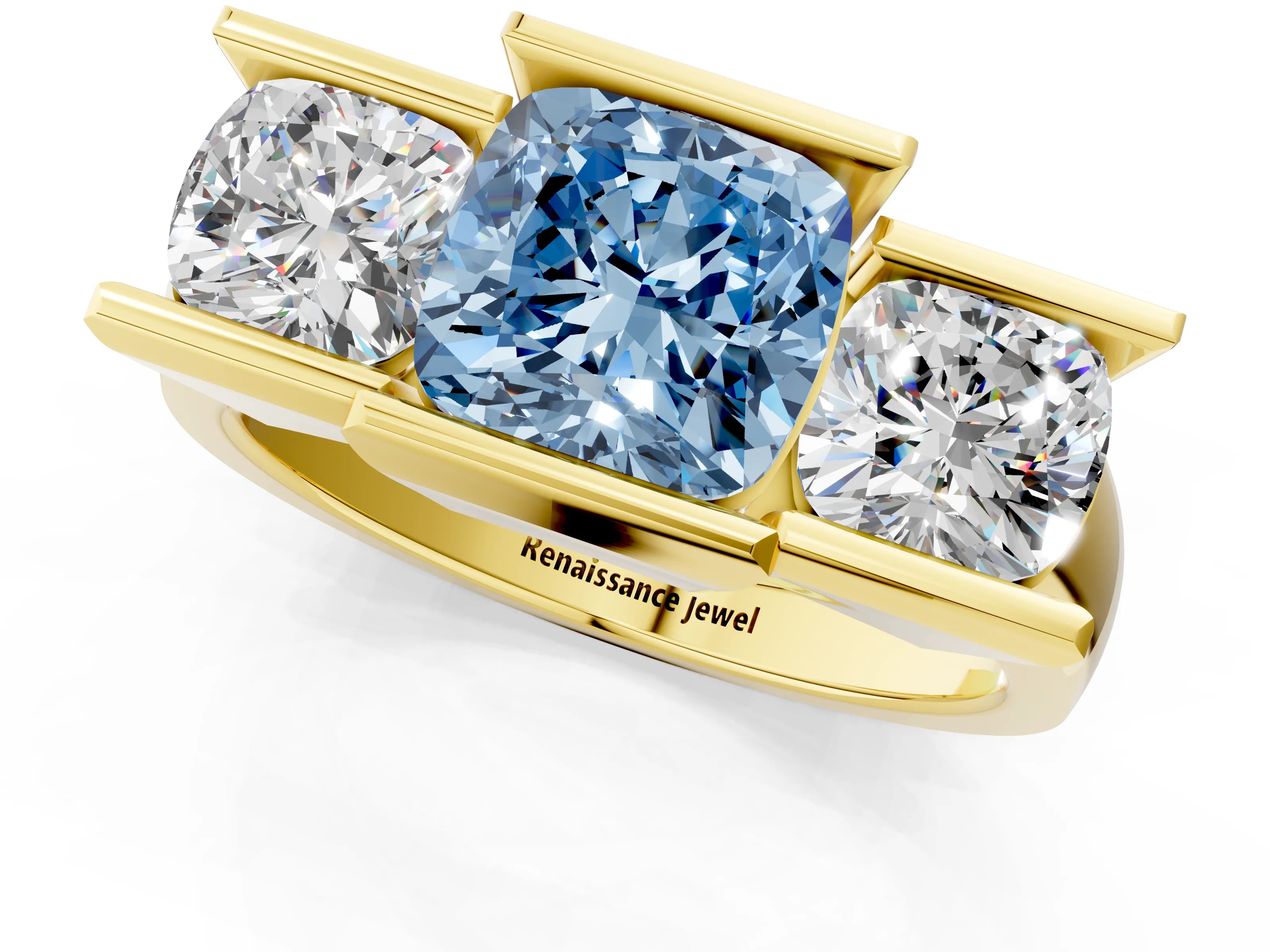 Yellow gold Three Stone Fancy Blue Cushion Cut Cut Channel Set Diamond Ring_1