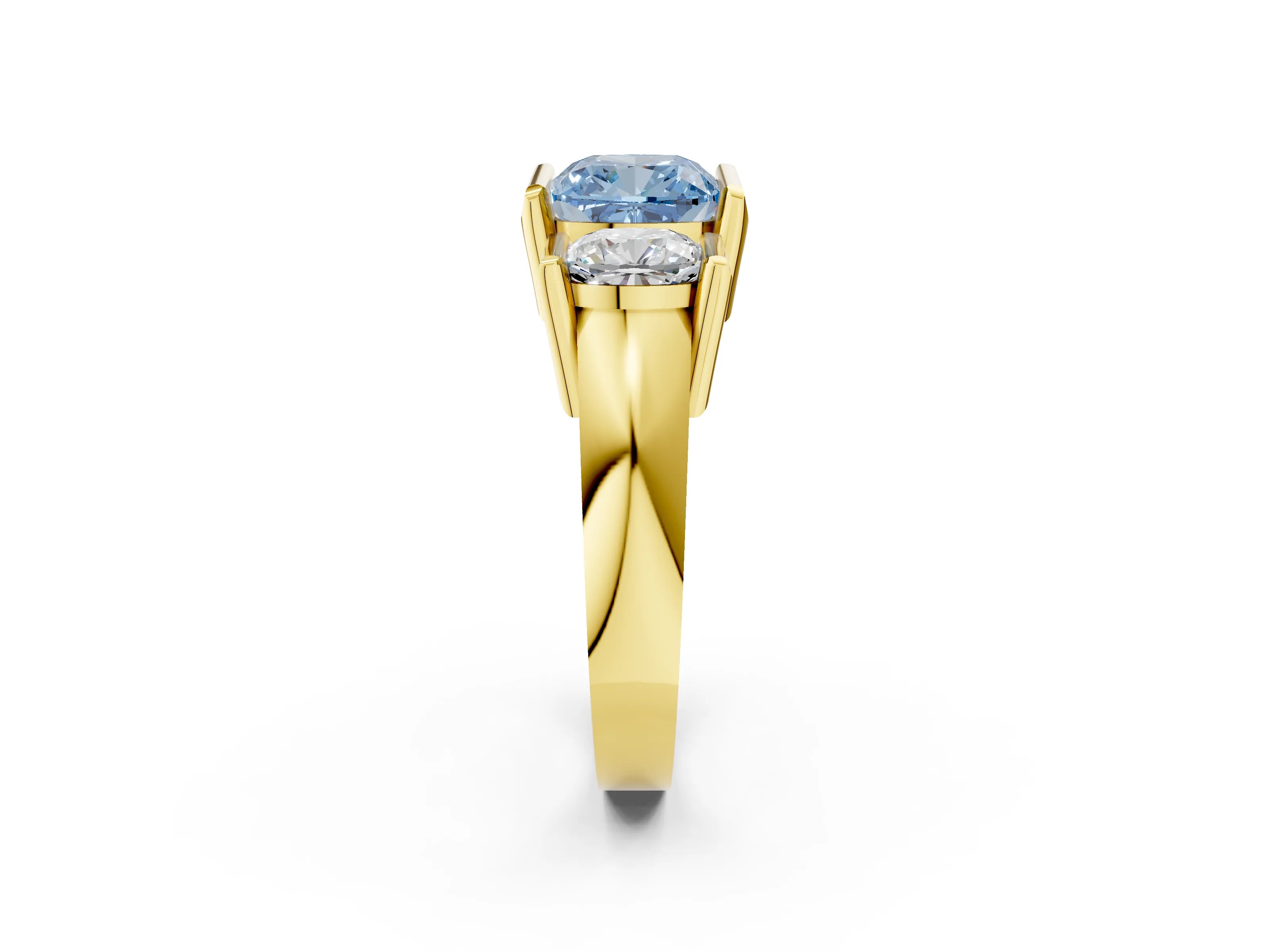 Yellow gold Three Stone Fancy Blue Cushion Cut Cut Channel Set Diamond Ring_2
