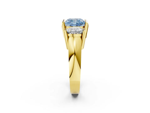 Yellow gold Three Stone Fancy Blue Cushion Cut Cut Channel Set Diamond Ring_2