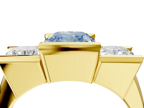 Yellow gold Three Stone Fancy Blue Cushion Cut Cut Channel Set Diamond Ring_4