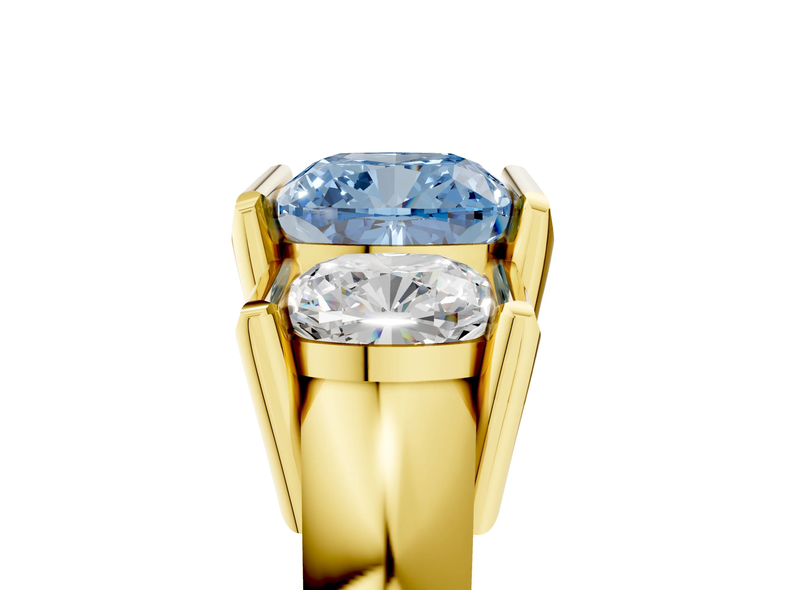 Yellow gold Three Stone Fancy Blue Cushion Cut Cut Channel Set Diamond Ring_5