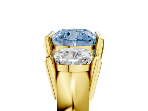 Yellow gold Three Stone Fancy Blue Cushion Cut Cut Channel Set Diamond Ring_5