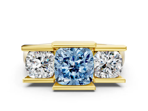 Yellow gold Three Stone Fancy Blue Cushion Cut Cut Channel Set Diamond Ring