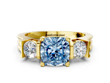 Yellow gold Three-Stone Fancy Blue Cushion Cut Cut Classic Band Prong Setting Ring