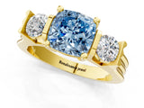 Yellow gold Three-Stone Fancy Blue Cushion Cut Cut Classic Band Prong Setting Ring_1