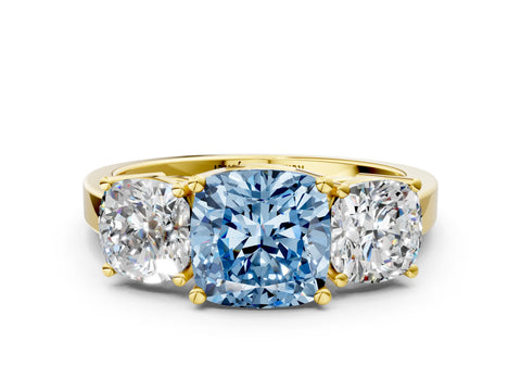 Yellow gold Three-Stone Fancy Blue Cushion Cut Cut Diamond Engagement Ring with Flat Band and Four-Prong Setting