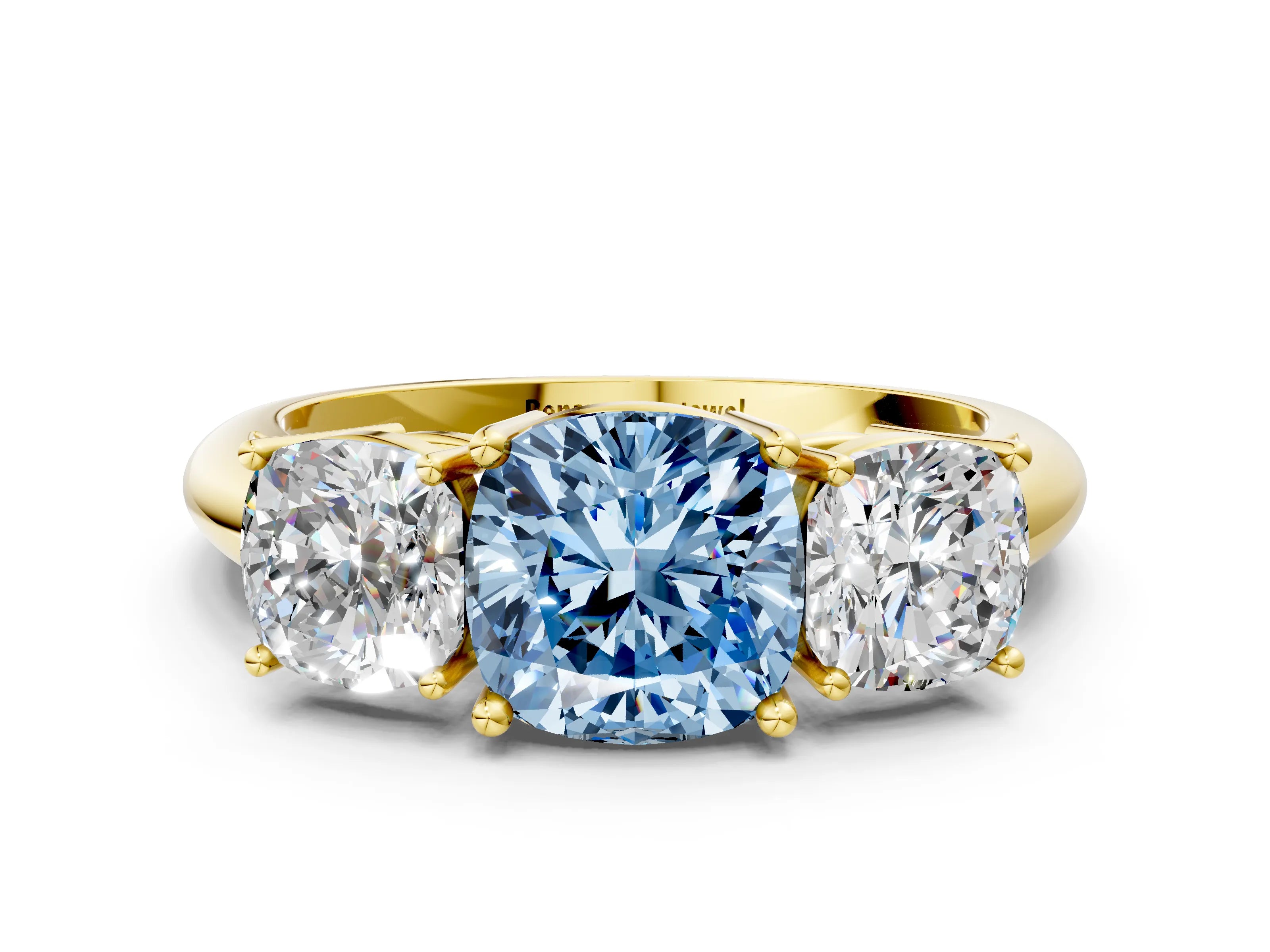 Yellow gold Three-Stone Fancy Blue Cushion Cut Cut Diamond Engagement Ring with Prong Setting on a White Gold Band