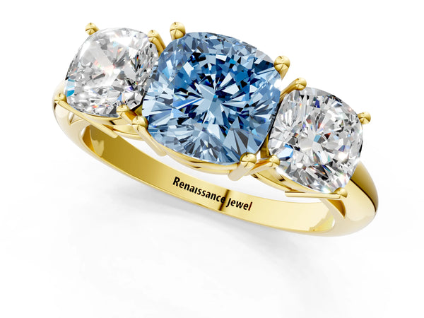 Yellow gold Three-Stone Fancy Blue Cushion Cut Cut Diamond Engagement Ring with Prong Setting on a White Gold Band
