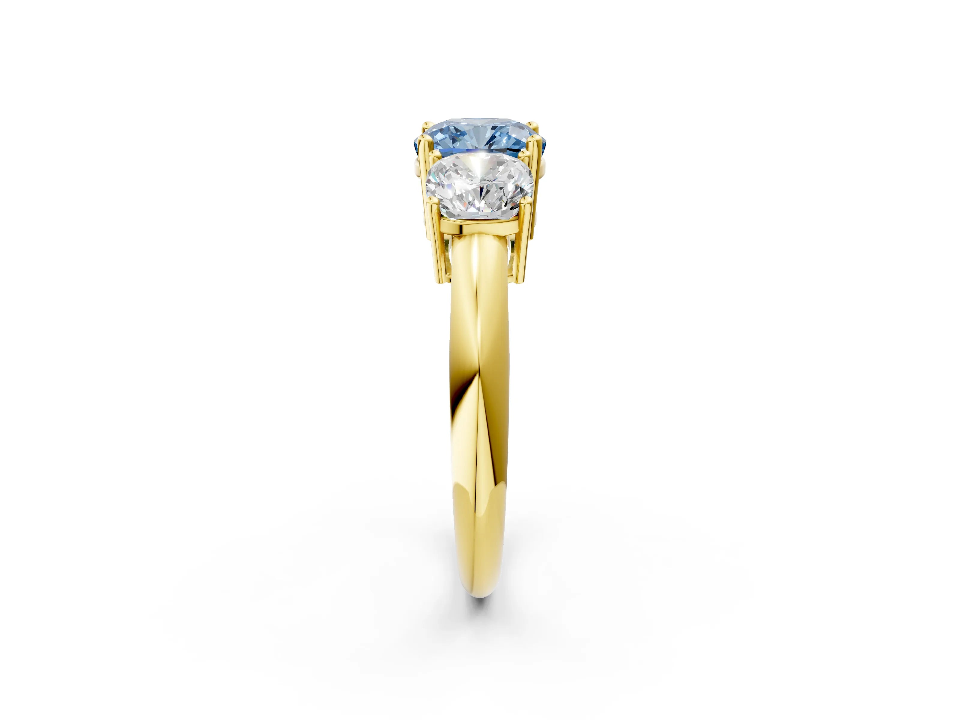 Yellow gold Three-Stone Fancy Blue Cushion Cut Cut Diamond Engagement Ring with Prong Setting on a White Gold Band_2