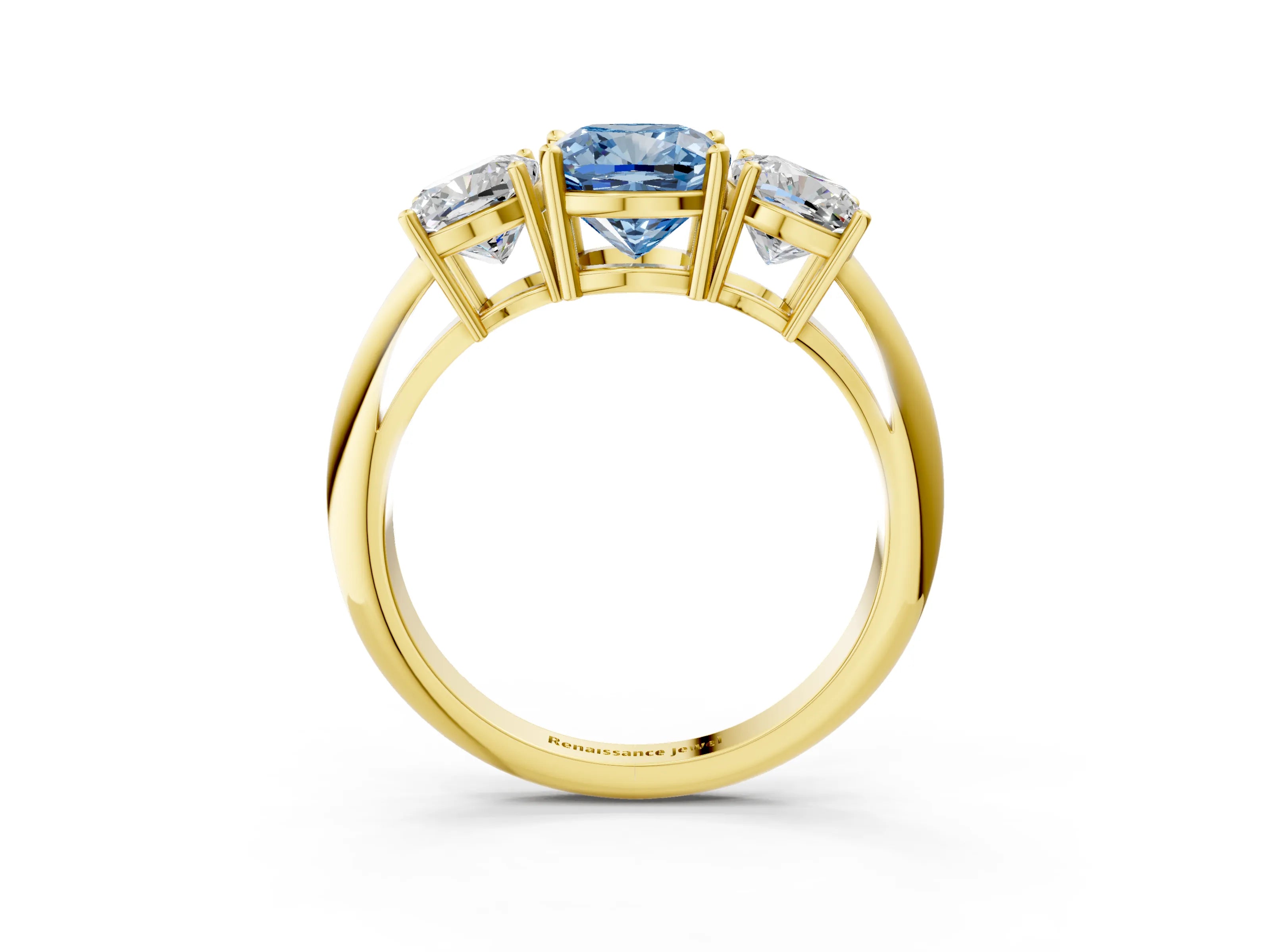 Yellow gold Three-Stone Fancy Blue Cushion Cut Cut Diamond Engagement Ring with Prong Setting on a White Gold Band_3