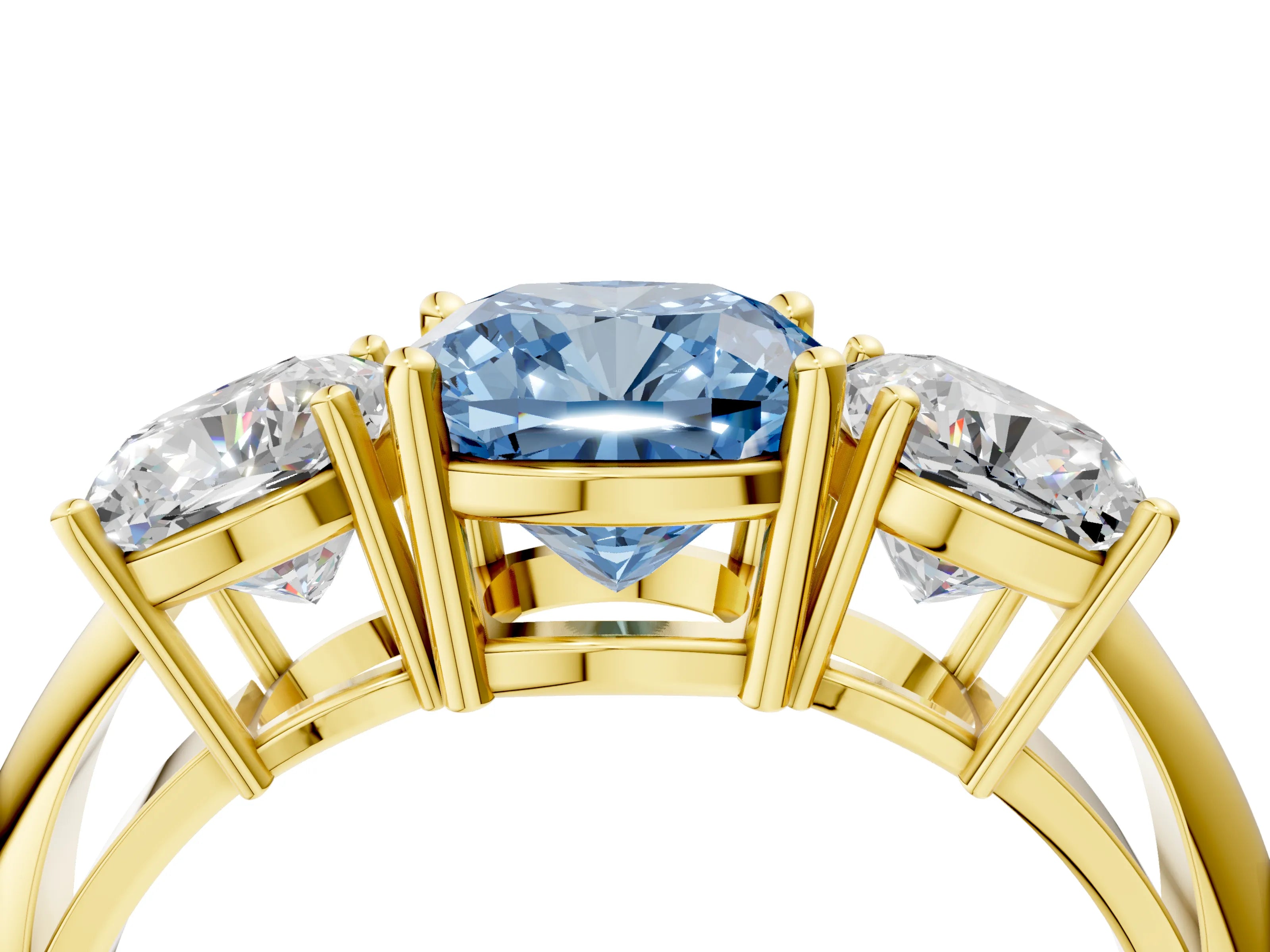 Yellow gold Three-Stone Fancy Blue Cushion Cut Cut Diamond Engagement Ring with Prong Setting on a White Gold Band_4