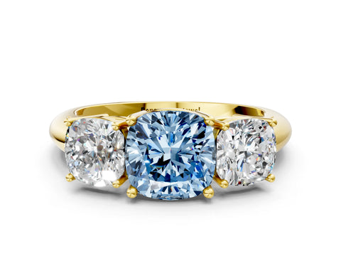 Yellow gold Three-Stone Fancy Blue Cushion Cut Cut Diamond Engagement Ring with Prong Setting on a White Gold Band