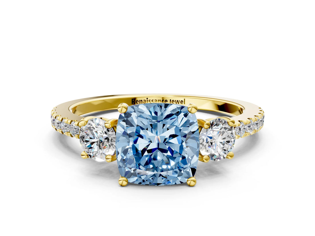 Yellow gold Three-Stone Fancy Blue Cushion Cut Cut Diamond Pavé Band with Prong Setting_15