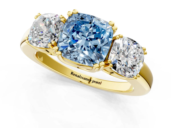 Yellow gold Three-Stone Fancy Blue Cushion Cut Cut Diamond Ring with Channel Set Band and Four-Prong Setting