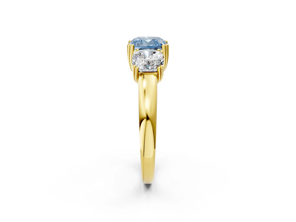 Yellow gold Three-Stone Fancy Blue Cushion Cut Cut Diamond Ring with Channel Set Band and Four-Prong Setting