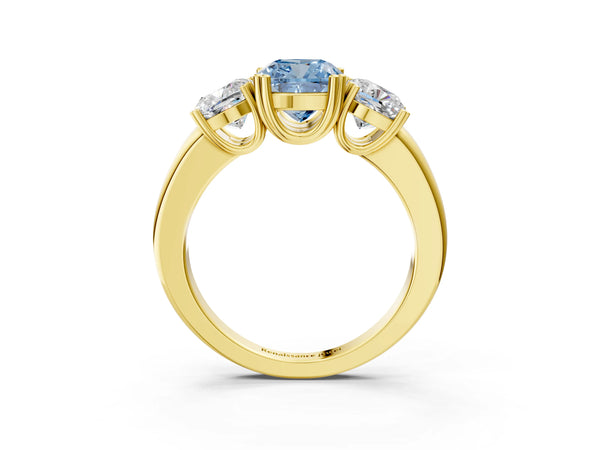Yellow gold Three-Stone Fancy Blue Cushion Cut Cut Diamond Ring with Channel Set Band and Four-Prong Setting