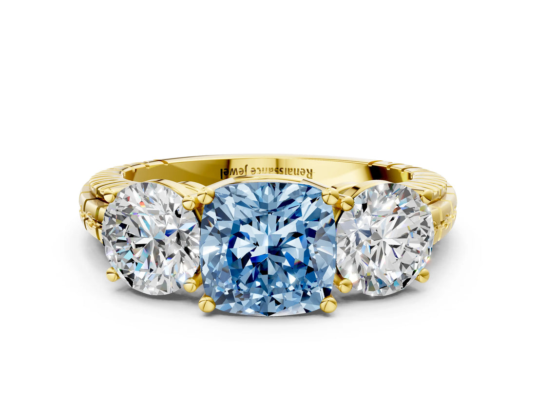 Yellow gold Three-Stone Fancy Blue Cushion Cut Cut Diamond Ring with Channel-Set Band and Prong Setting