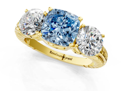Yellow gold Three-Stone Fancy Blue Cushion Cut Cut Diamond Ring with Channel-Set Band and Prong Setting_1