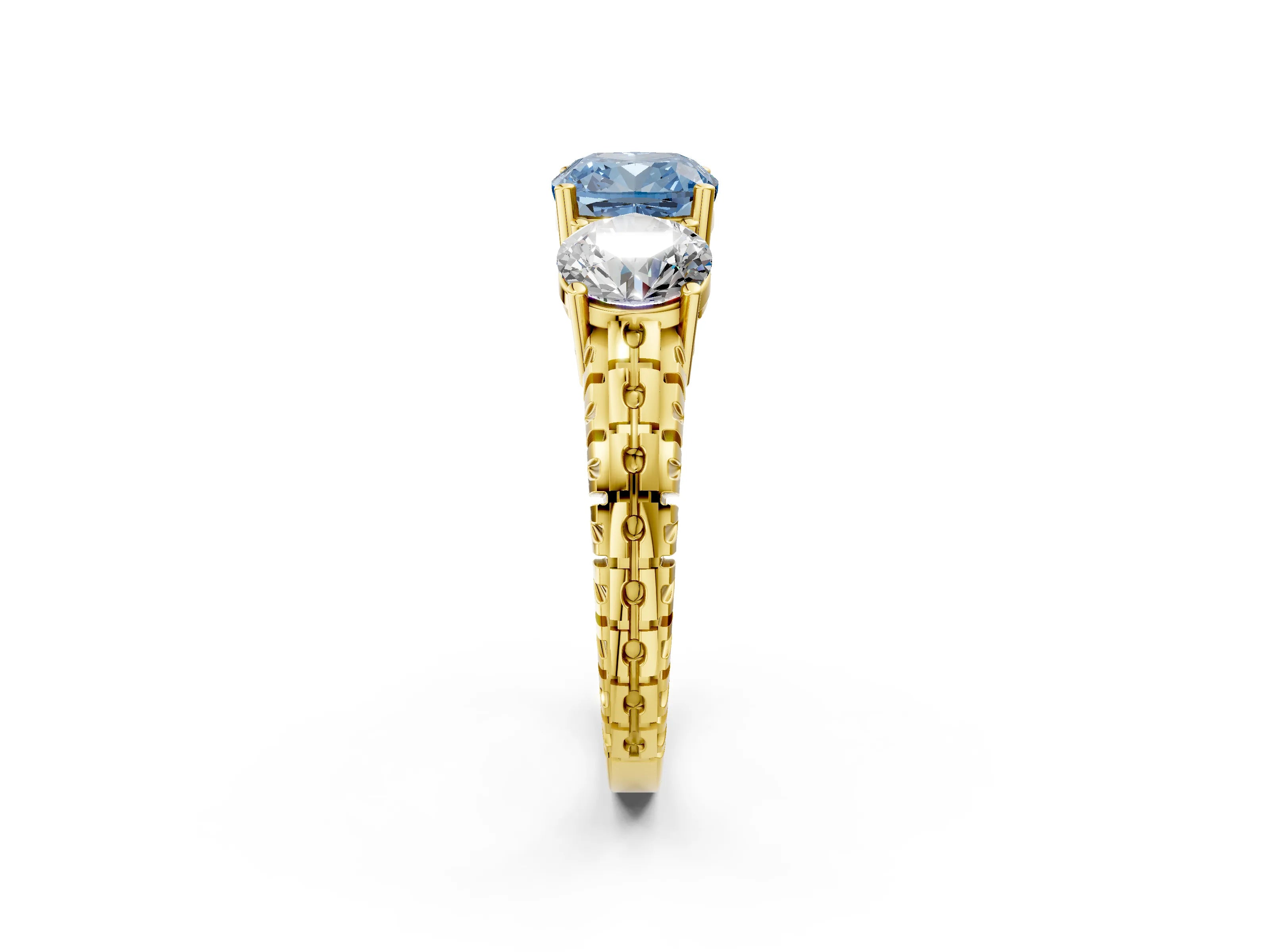 Yellow gold Three-Stone Fancy Blue Cushion Cut Cut Diamond Ring with Channel-Set Band and Prong Setting_2