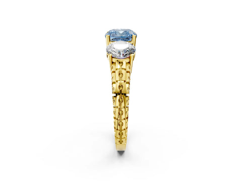 Yellow gold Three-Stone Fancy Blue Cushion Cut Cut Diamond Ring with Channel-Set Band and Prong Setting_2