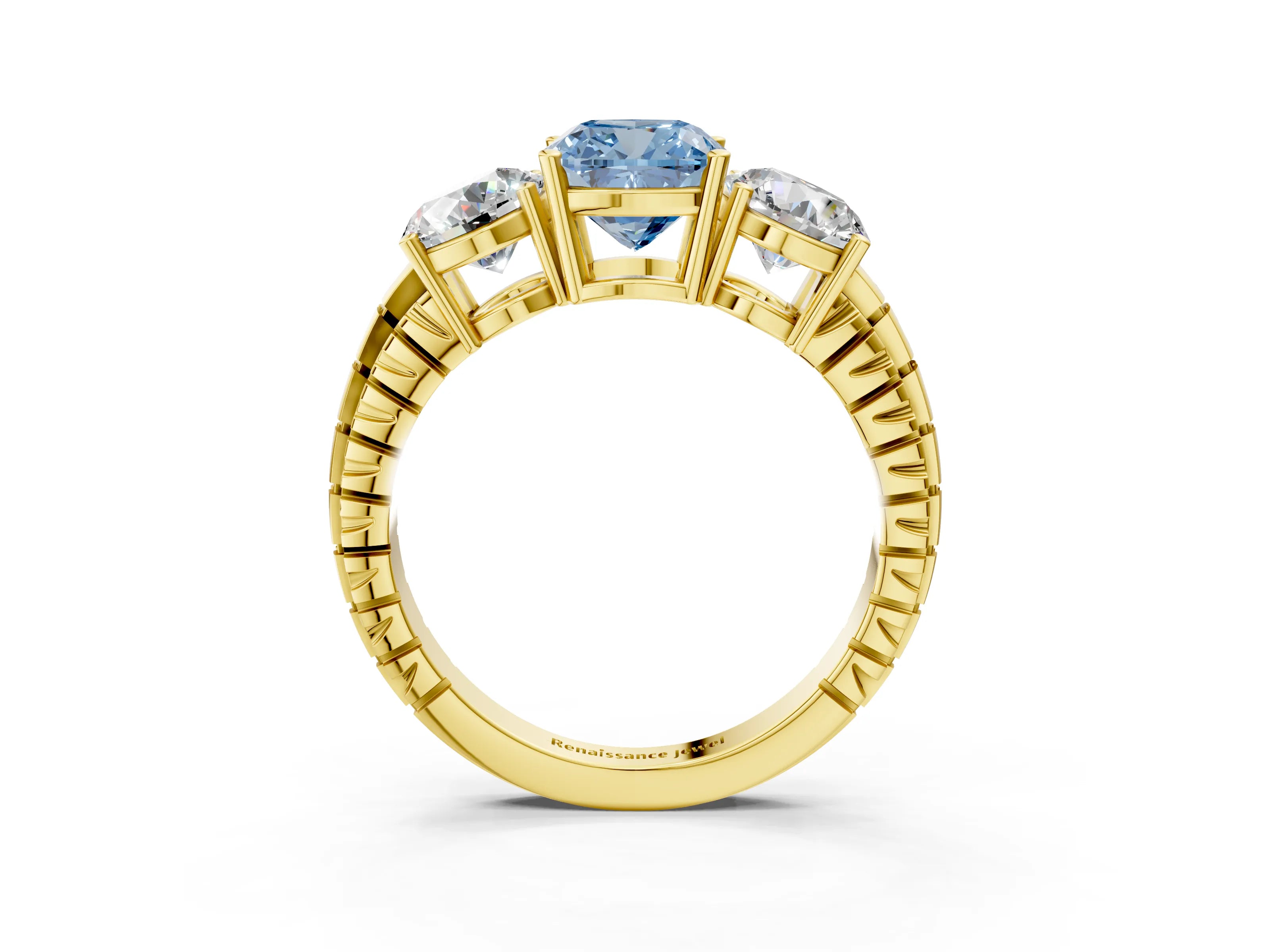 Yellow gold Three-Stone Fancy Blue Cushion Cut Cut Diamond Ring with Channel-Set Band and Prong Setting_3