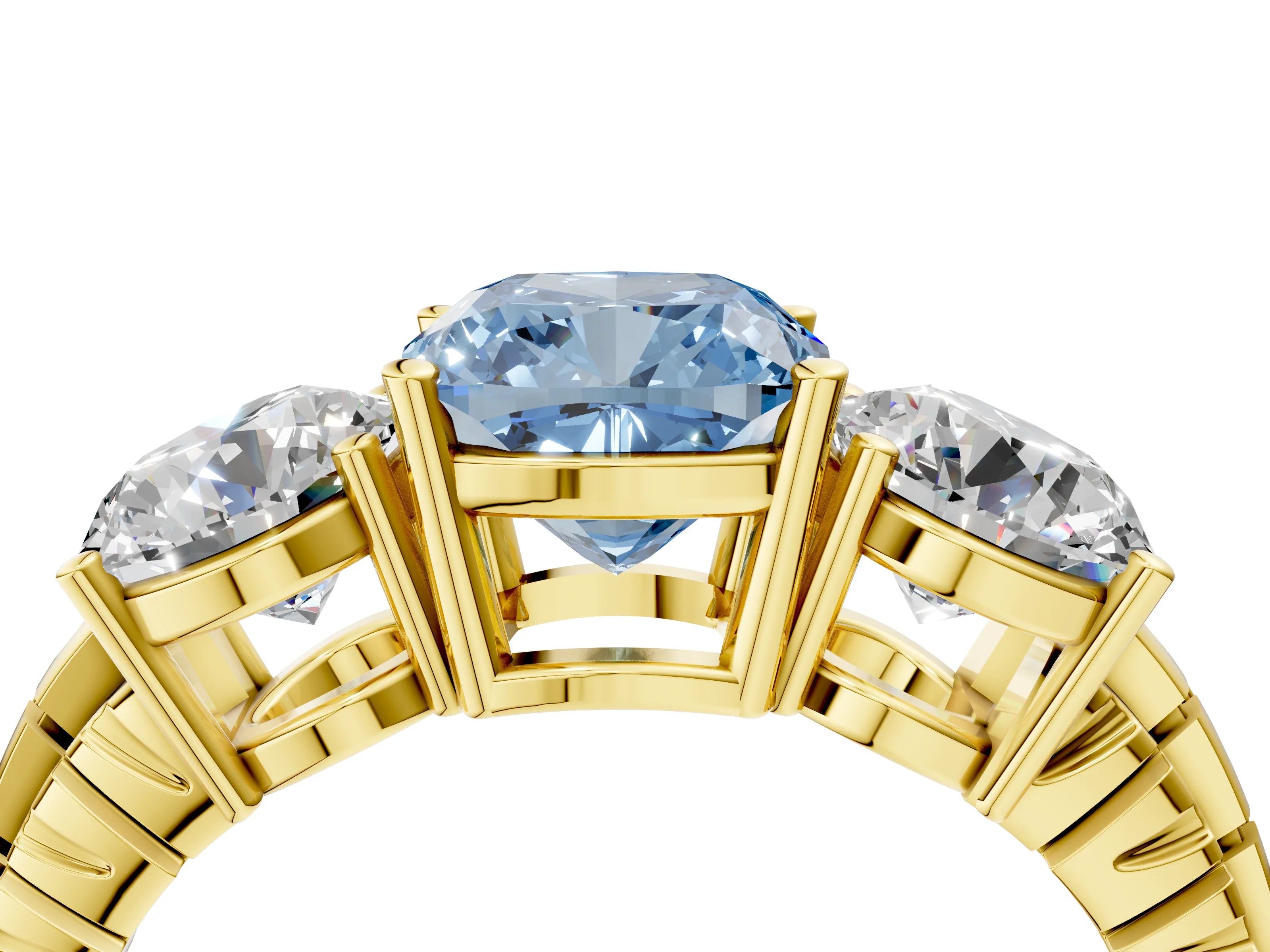 Yellow gold Three-Stone Fancy Blue Cushion Cut Cut Diamond Ring with Channel-Set Band and Prong Setting_4
