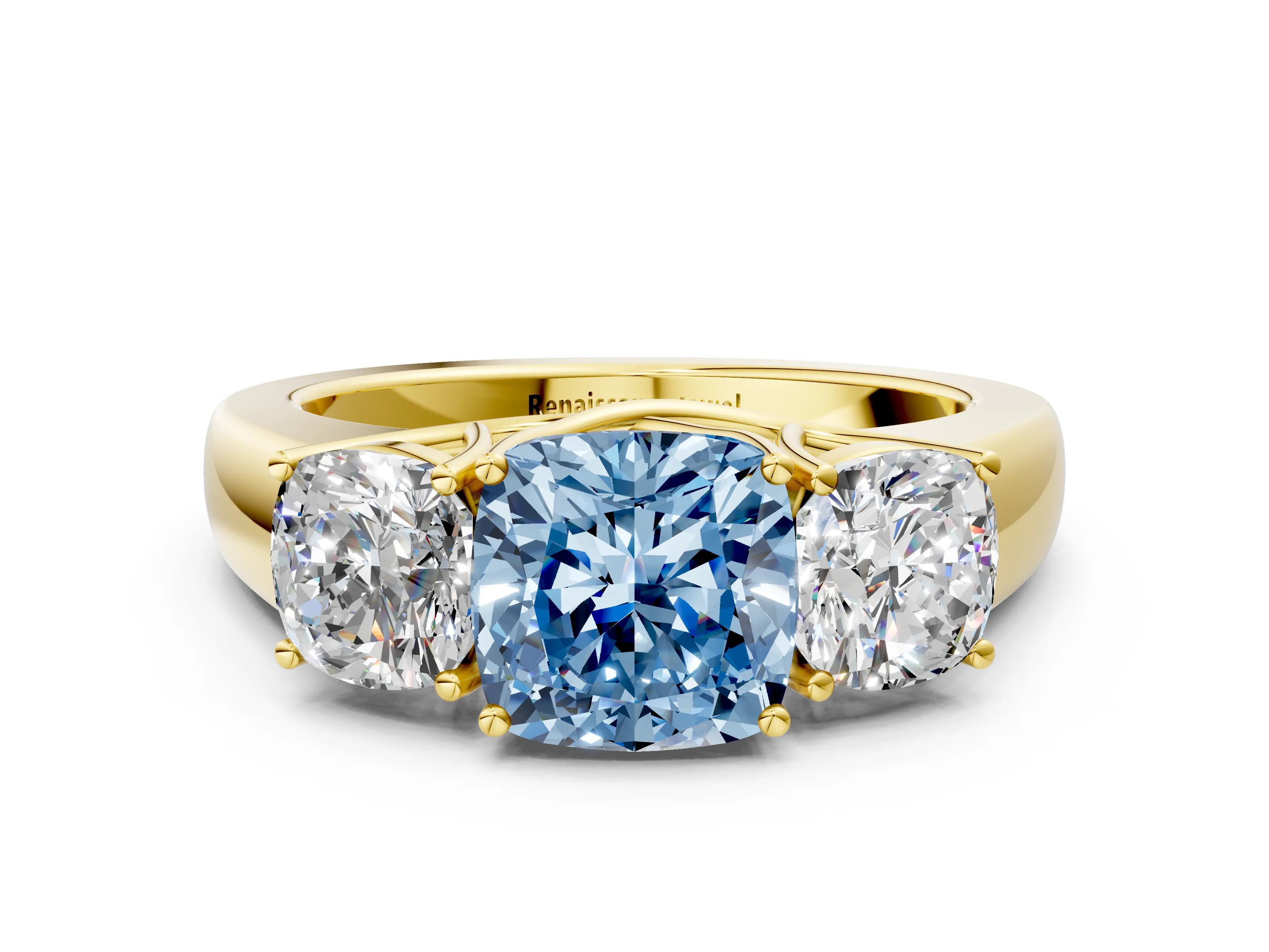 Yellow gold Three-Stone Fancy Blue Cushion Cut Cut Diamond Ring with Prong Setting and Classic Band
