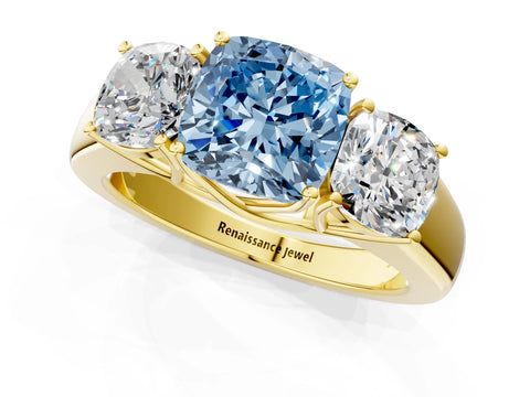 Yellow gold Three-Stone Fancy Blue Cushion Cut Cut Diamond Ring with Prong Setting and Classic Band_1