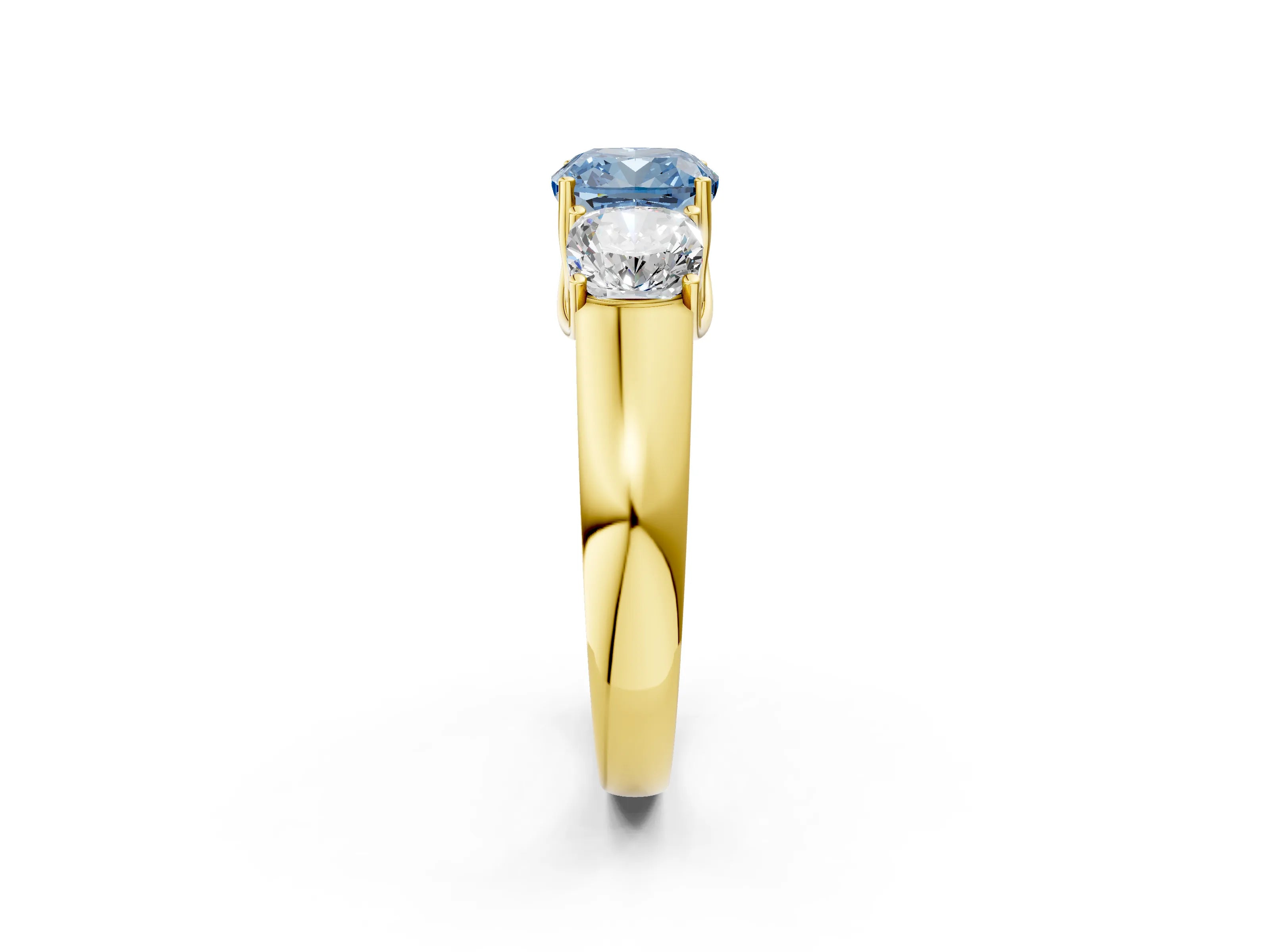 Yellow gold Three-Stone Fancy Blue Cushion Cut Cut Diamond Ring with Prong Setting and Classic Band_2